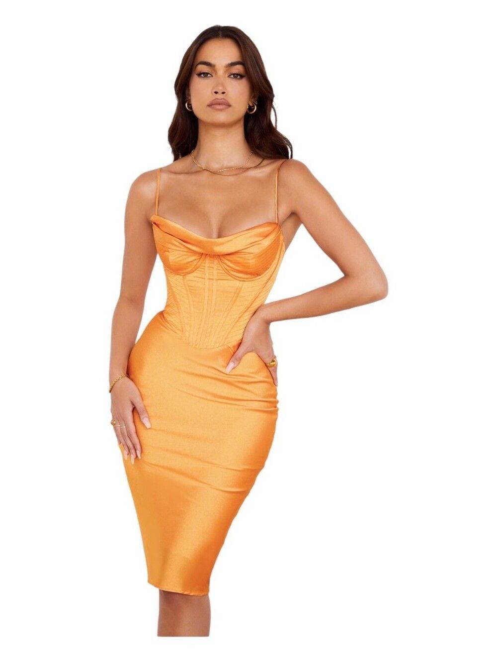House Of CB Myrna Tangerine Orange Satin Corset Midi Dress Size XS
